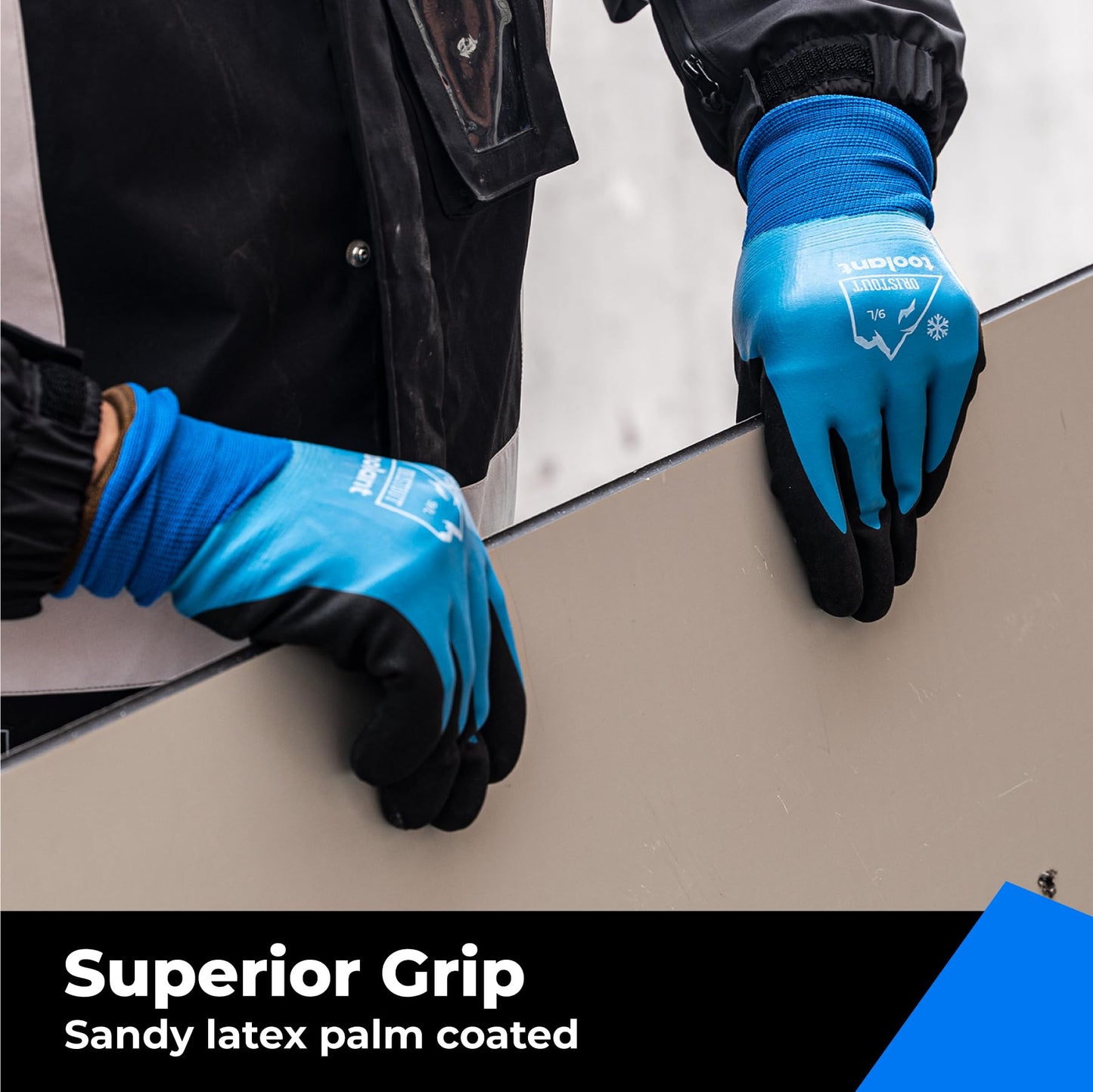 OriStout Winter Work Gloves for Men and Women, Touchscreen, Waterproof Gloves for Working in Freezer, Fishing and Gardening, Thermal Insulated, Super Grip, Blue, Large