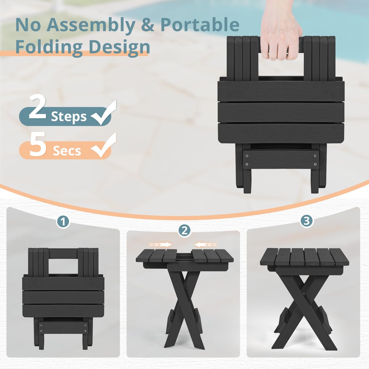 LUE BONA Small Outdoor Folding Side Table, HDPS Outside End Table for Patio, Porch, Deck, Pool, 14 Inch Height, Black