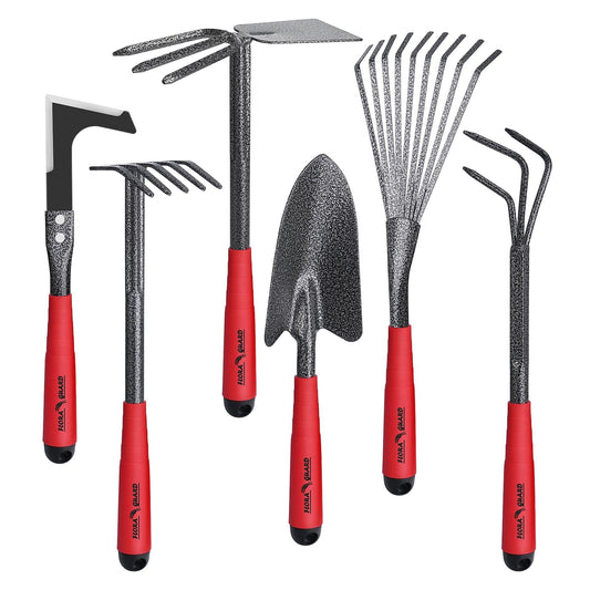 FLORA GUARD 6-Piece Garden Tool Set, Heavy Duty Gardening Hand Tools,Includes Trowel, Rake, 2-in-1 Hoe & Crack Weeder, Durable Yard Gardening Tools, Ideal Gardening Gift for Men & Women