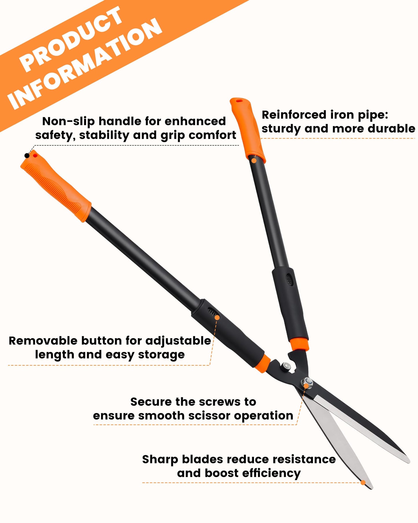 Hedge Shears, 31-Inch Garden Shears with Adjustable Handle, Sharp Blade & Comfortable Grip, Hedge Clippers for Hedges - Black/Orange