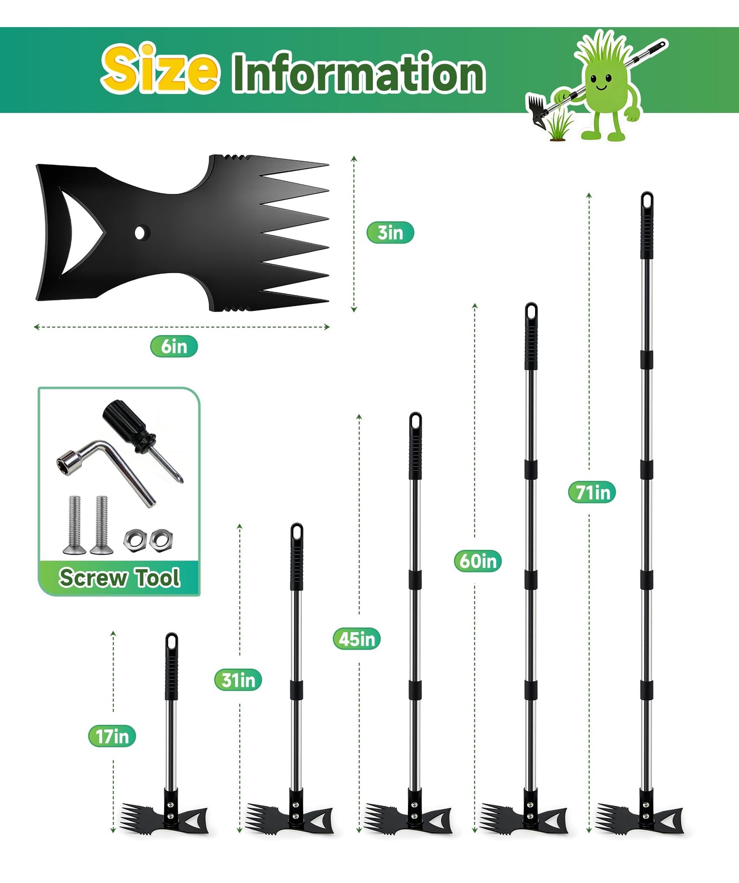 Nelyeqwo 71in Weed Puller Tool with Long Handle, 2 in 1 Adjustable Manual Weeders for Uprooting, Heavy Duty Hand Weed Rake and Garden Hoe with Gloves for Gardens, Lawns, Yards