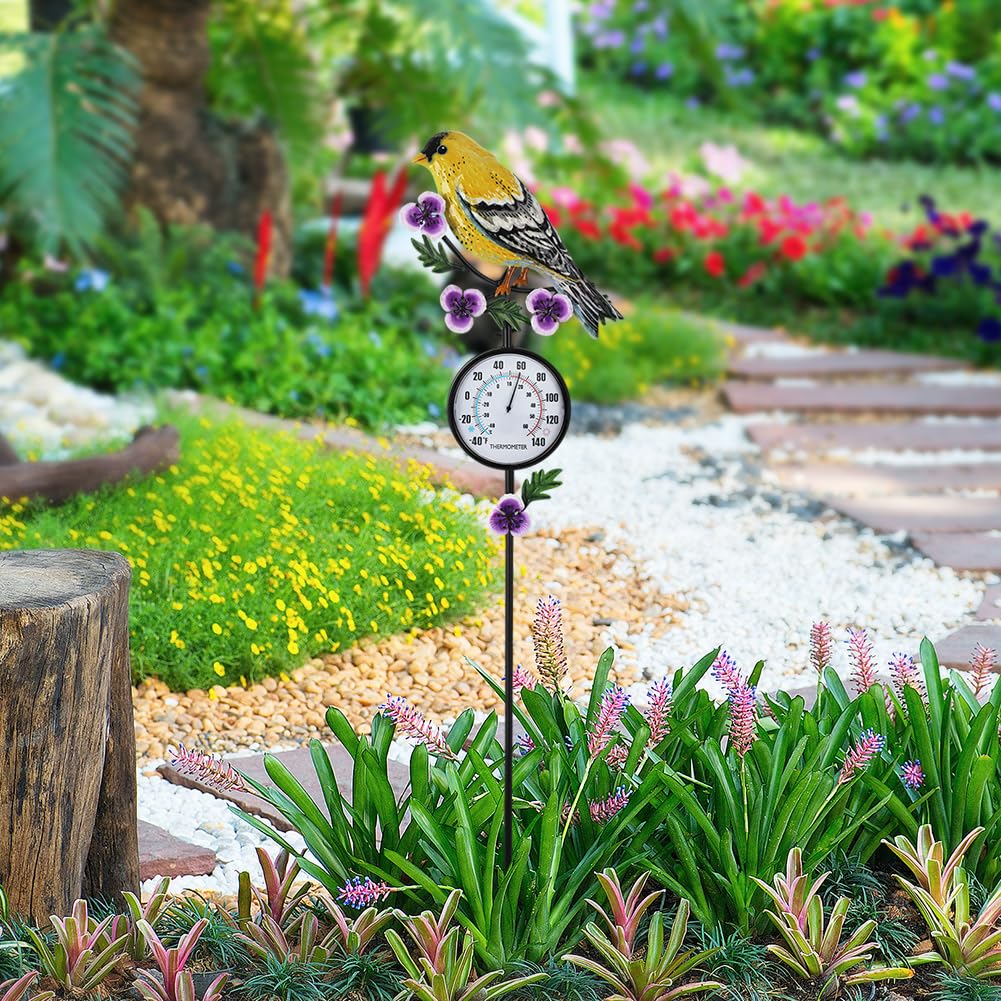 VEWOGIFT Outdoor Thermometer, Hummingbird Outside Thermometer with Garden Stake, 35" Tall No Battery Needed Wall Thermometer for Yard Patio Decor