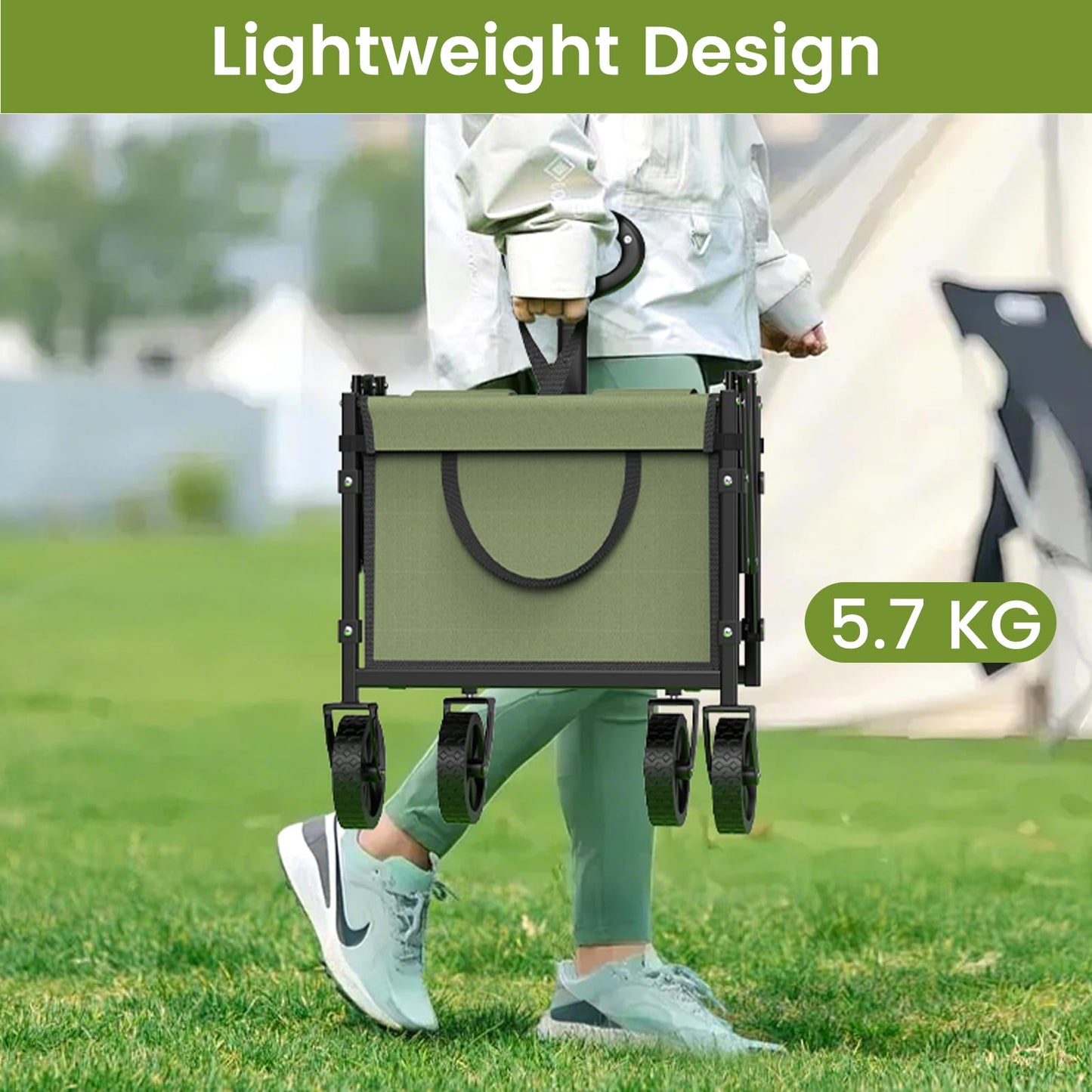 Collapsible Wagon with Wheels, 220 lbs Wagons Carts Foldable Wagon Cart with Flexible Handle, Lightweight Portable Folding Utility Grocery Shopping Cart for Grocery Sports Garden Camping, Green