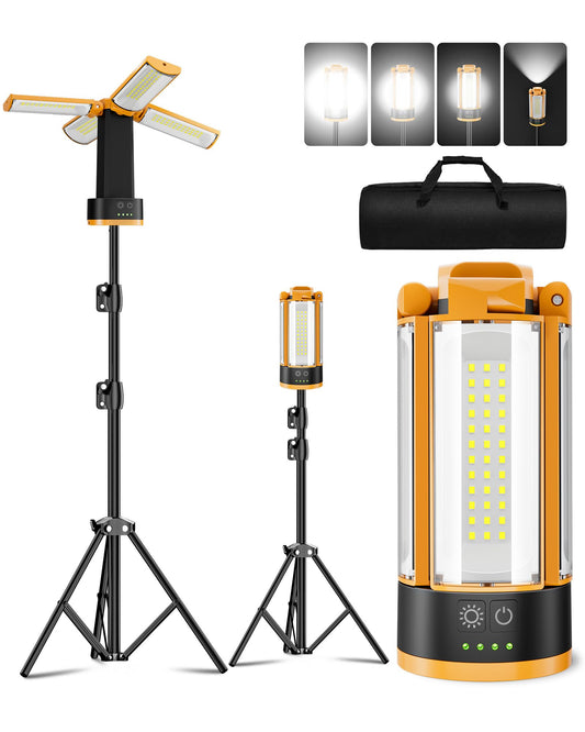 T-SUN Rechargeable Camping Light with Stand, 4 LED Lamp Heads for Wider, Fuller Coverage, 4100LM Tripod Work Light with Magnetic Base, Hook & USB-C, for Jobsite, Emergency, Camping (Orange)