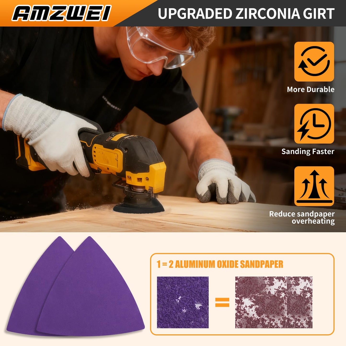 AMZWEI Upgraded 266CS Zirconia Oscillating Tool Sanding Kit with 3 Triangle & 3 Finger Sanding Pads, 260 Detail Sandpapers for Corner Wood Plaster Sanding, Comptatible with Dewalt, Milwaukee, Ryobi