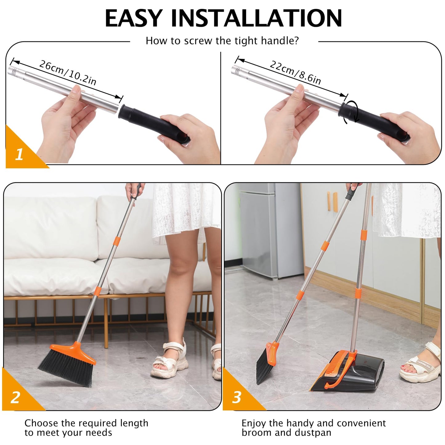 XXFLOWER Broom and Dustpan Set with Long Handle, Light Weight Stainless Steel Poles Stand Upright Dustpans with Broom Combo for Home Kitchen Office Pet Dog Hair, Black & Orange Color, 1-Pack