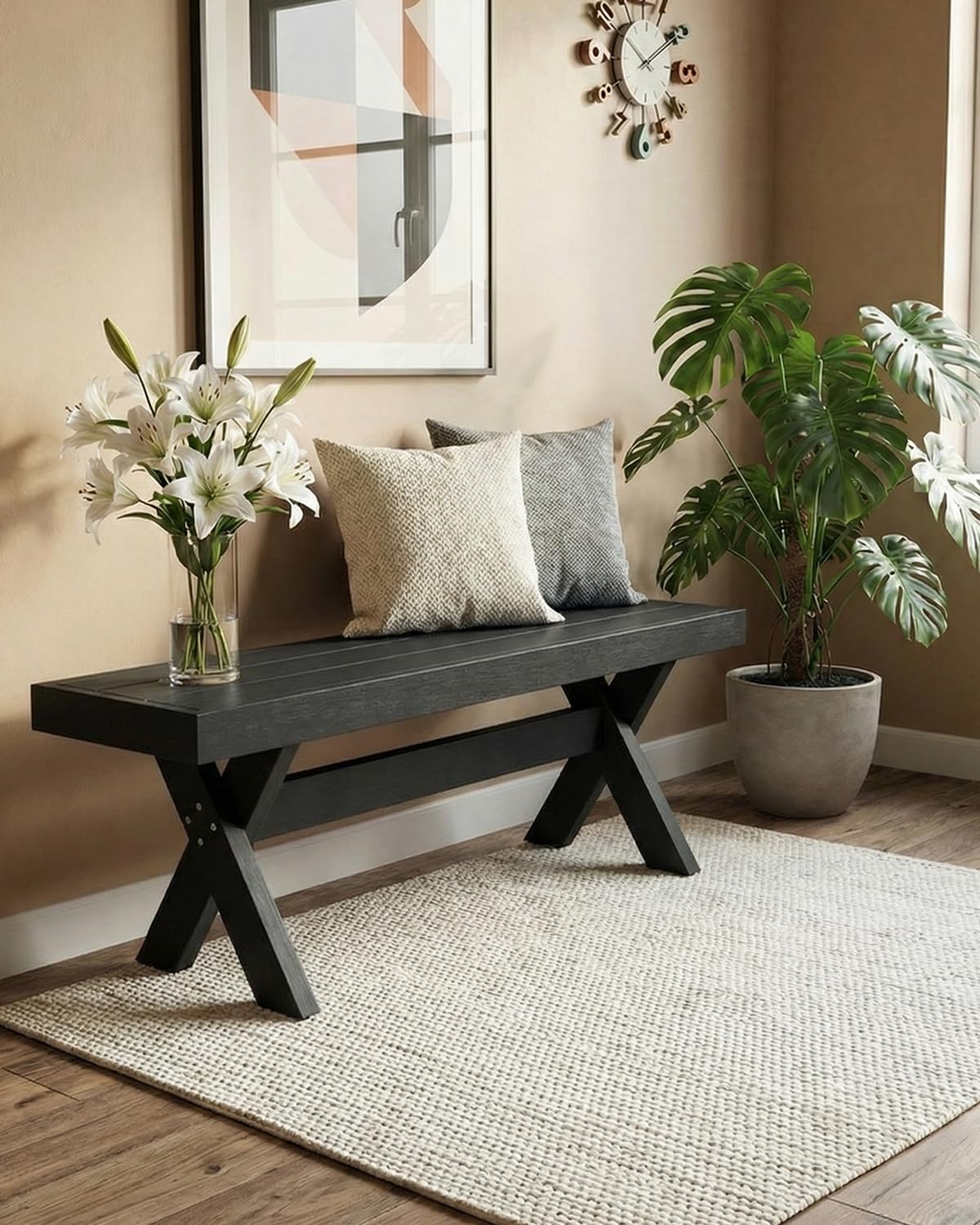 Kibaso HIPS Outdoor Bench, X-Shaped Modern Backless Garden Bench for 2 Person, All Weather Patio Bench with Wood Grain Texture, Easy Assembly for Garden, Porch, Backyard & Park-Wood-Grain Black
