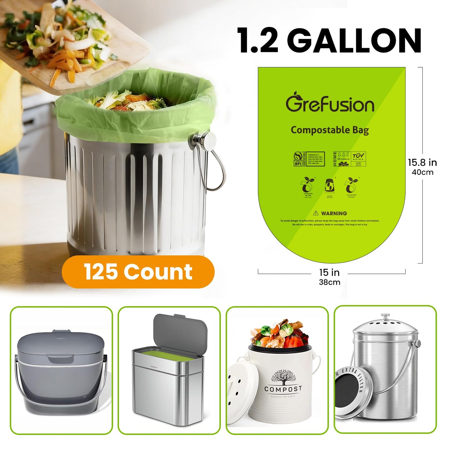 (Include 100+25 Bonus Bags) GreFusion Compostable Bags 1.2-1.6 Gallon,Fits 0.75,1,1.2,1.3,1.8 Gallon Countertop Bin,Certified by BPI,ASTM D6400 and OK Compost,125Count (100 + 25 Extra)