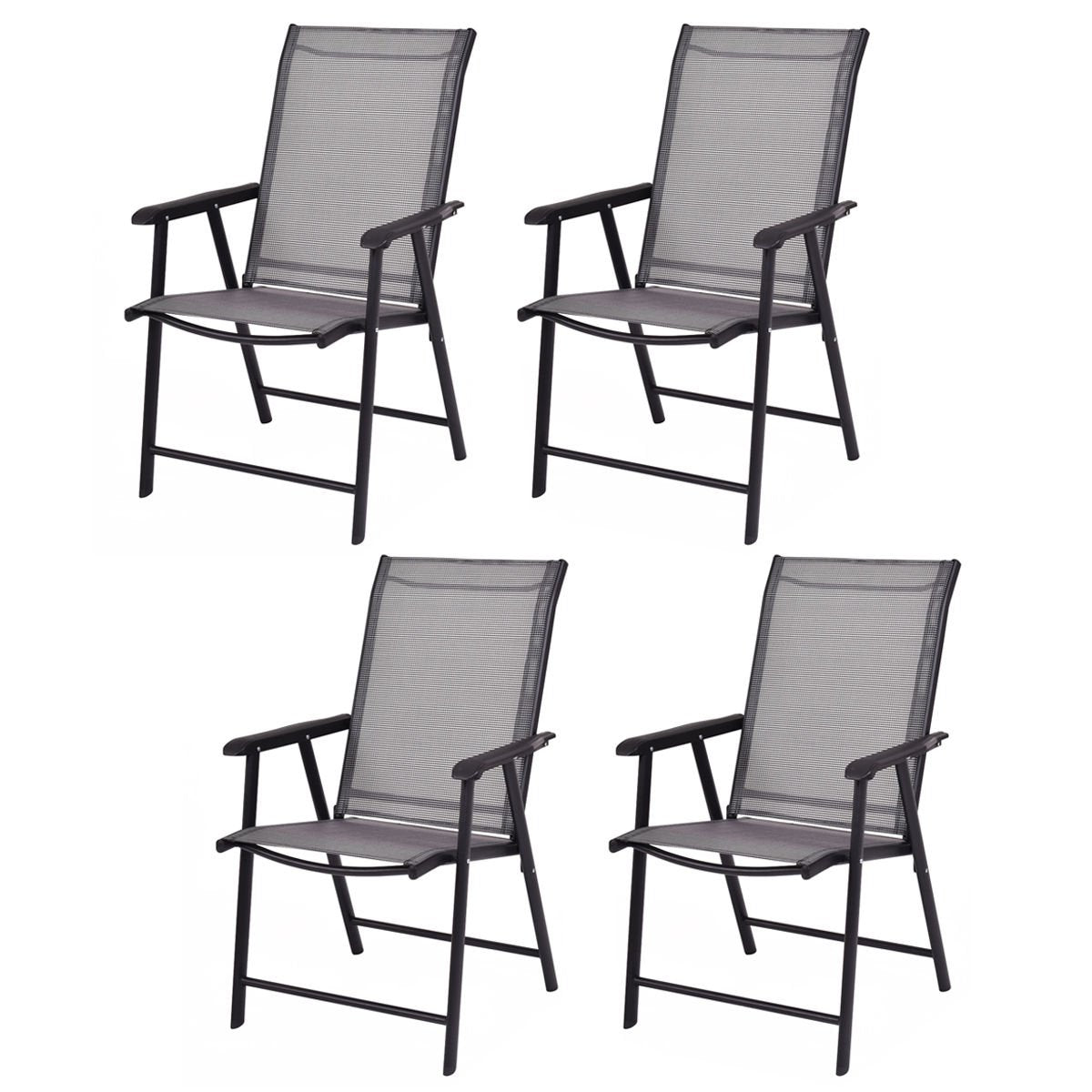 Giantex Set of 4 Folding Patio Chairs, Outdoor Portable Dining Chairs for Garden Camping Poolside Beach Deck Lawn, 4-Pack Sling Armchairs, Metal Frame, Grey