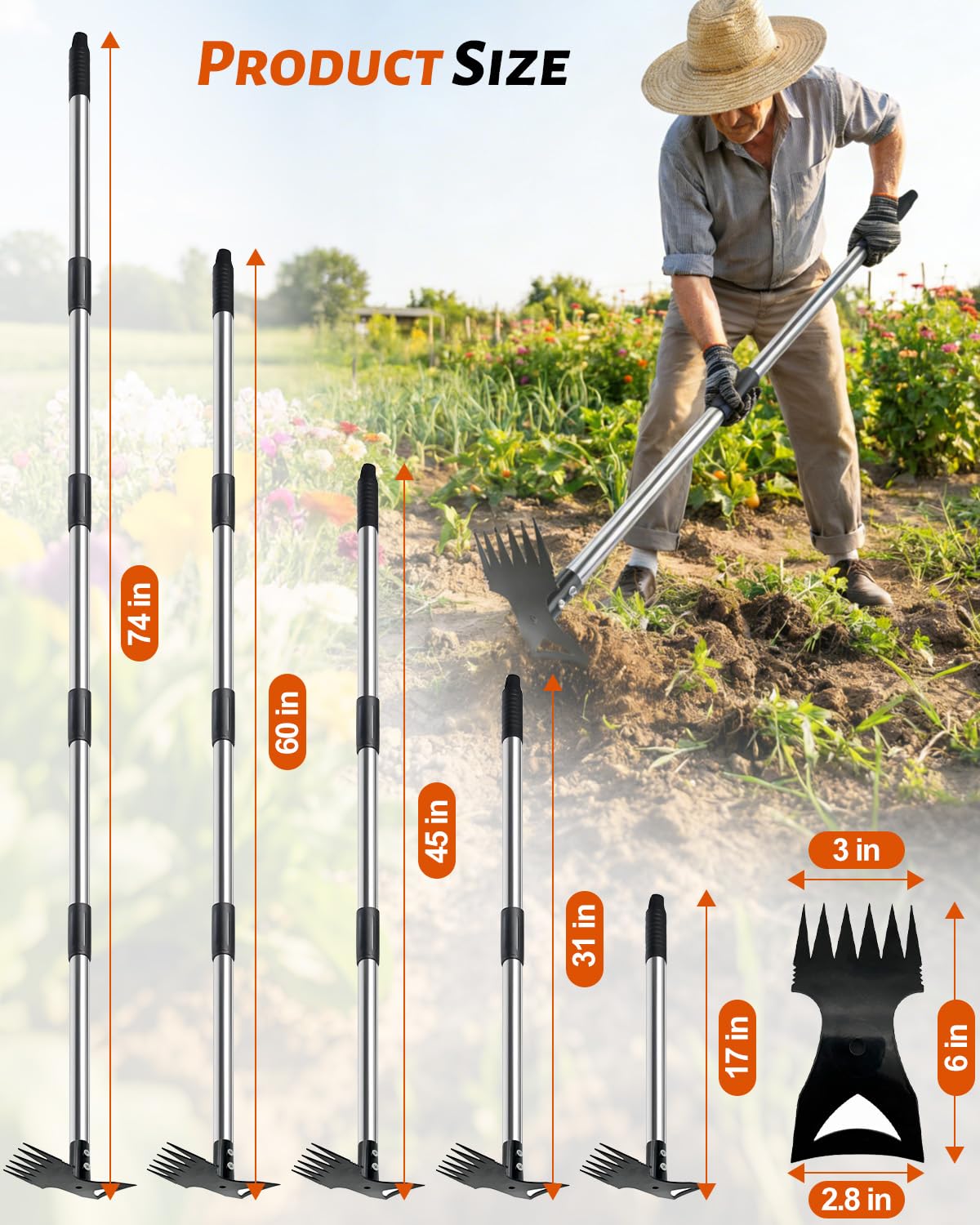 HAWAJOK Weed Puller Tool with 70" Long Handle, Heavy Duty 2-in-1 Weeder & Garden Hoe, Uprooting Tool for Lawn, Yard, Patio & Garden, Hand Weed Rake for Efficient Gardening (70 inch)