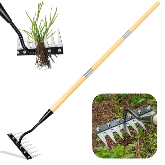 Weed Puller Tool, Iron Weeding Rake with Handle 2.0, Upgraded 8 Teeths Garden Weeding Tool Heavy Duty Gardening Tool for Lawn, Flower Beds & Soil Aeration