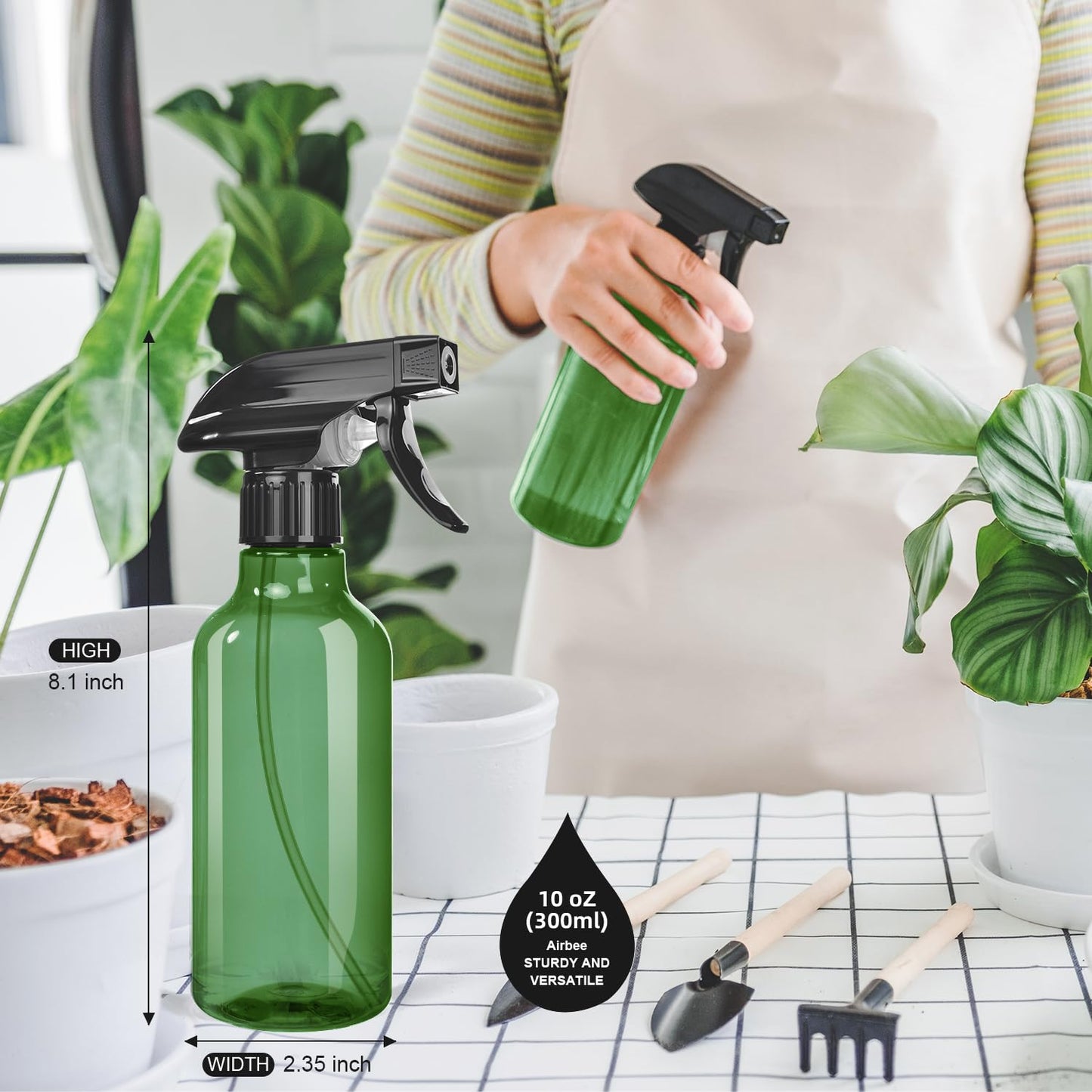 Spray Bottles 2-Pack, 10 Oz, Mist & Stream, Heavy Duty Spraying Empty Water Sprayer Bottle, BPA Free Plastic Refillable Containers for Cleaning Solutions, Plants, Hair, Essential Oils, Clear & Green