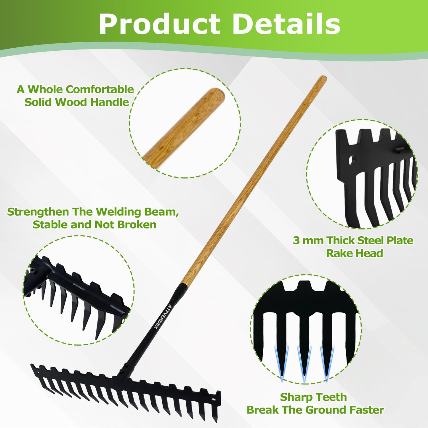 ATFVERDEX Garden Rake,60" Wooden Handle with 17-Tine Metal Bow Rake,Rock Rake Heavy Duty for Loosening Soil,Leveling Gravel,Clearing Fallen Leaves,Removing Sod and Landscaping