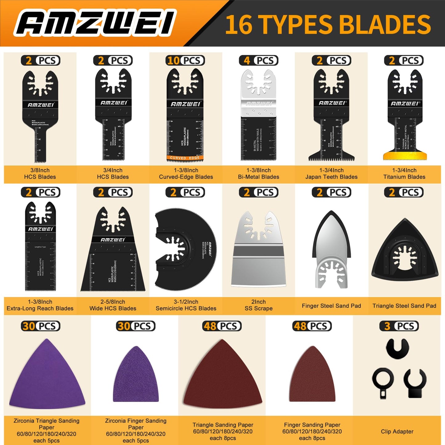 AMZWEI 190 Metal Wood Oscillating Tool Blade, Titanium Oscillating Saw Blades with Sandpaper, Quick Release Multi Tool Blades Kits Compatible with Dewalt Ryobi Milwaukee Rockwell Fein Makita