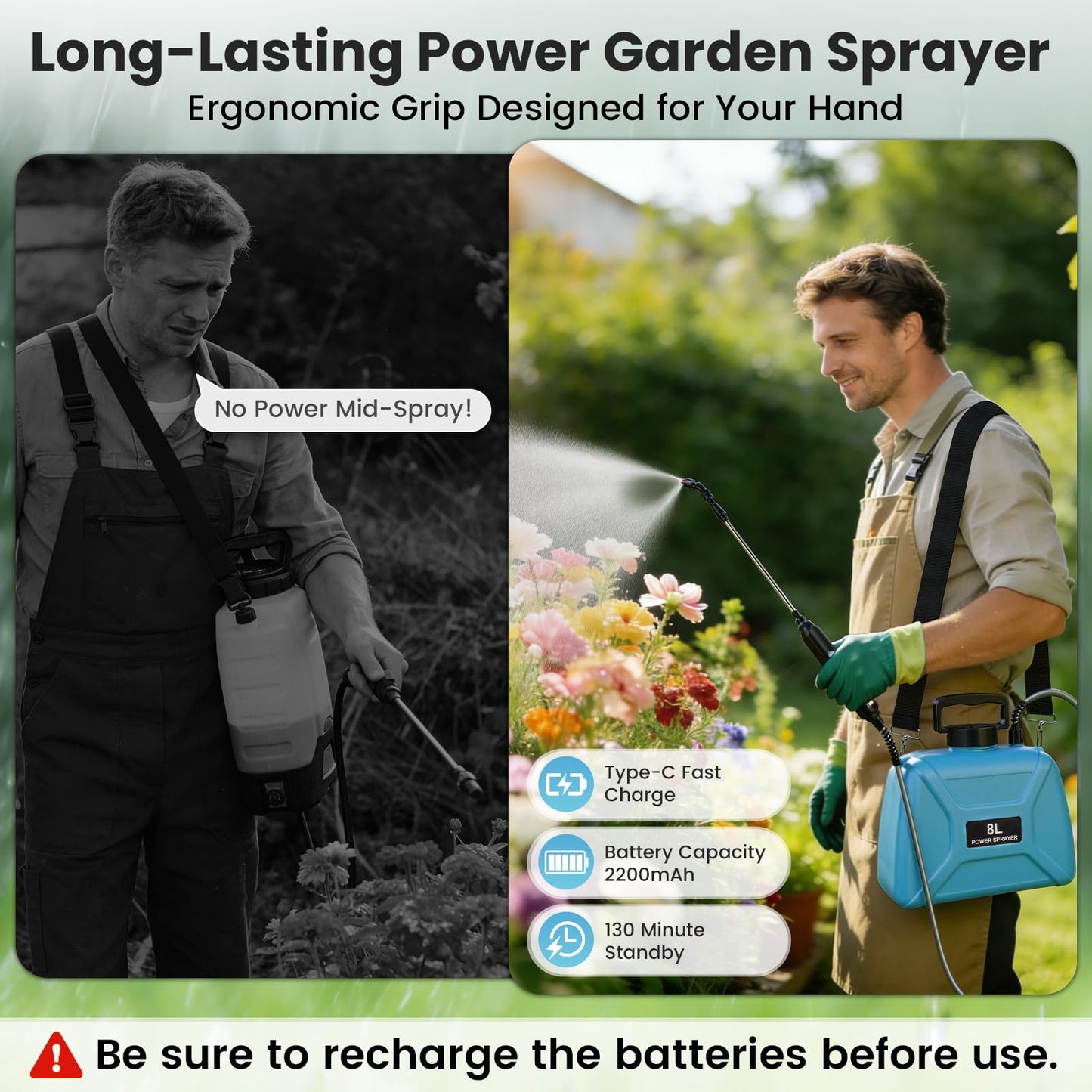 Battery Powered Sprayer 2 Gallon - Pump Sprayer Electric Garden Spray with 4 Nozzles Retractable Wand USB Weed Spraying for Lawn and Yard Plant Care