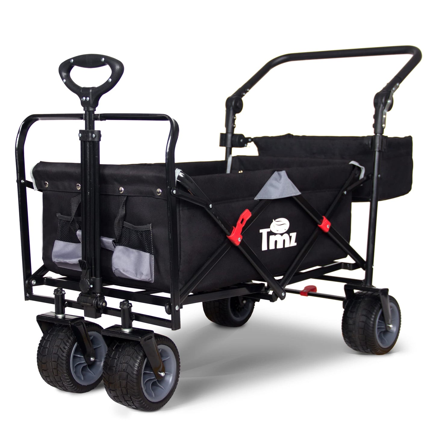 TMZ All Terrain Utility Folding Wagon, Collapsible Garden Cart, Heavy Duty Beach Wagon, for Shopping, Camping, and Outdoor Activities with Push Handle and Brake (Black/Grey)
