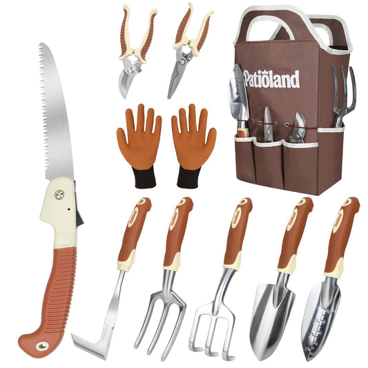 10-Piece Garden Tool Set, Brown Gardening Hand Tools Kit with Ergonomic Non-Slip Handles, Heavy Duty Rust-Proof Aluminum Tools, Organizer Tote Bag & Gloves, Ideal Gardening Gifts for Women and Men