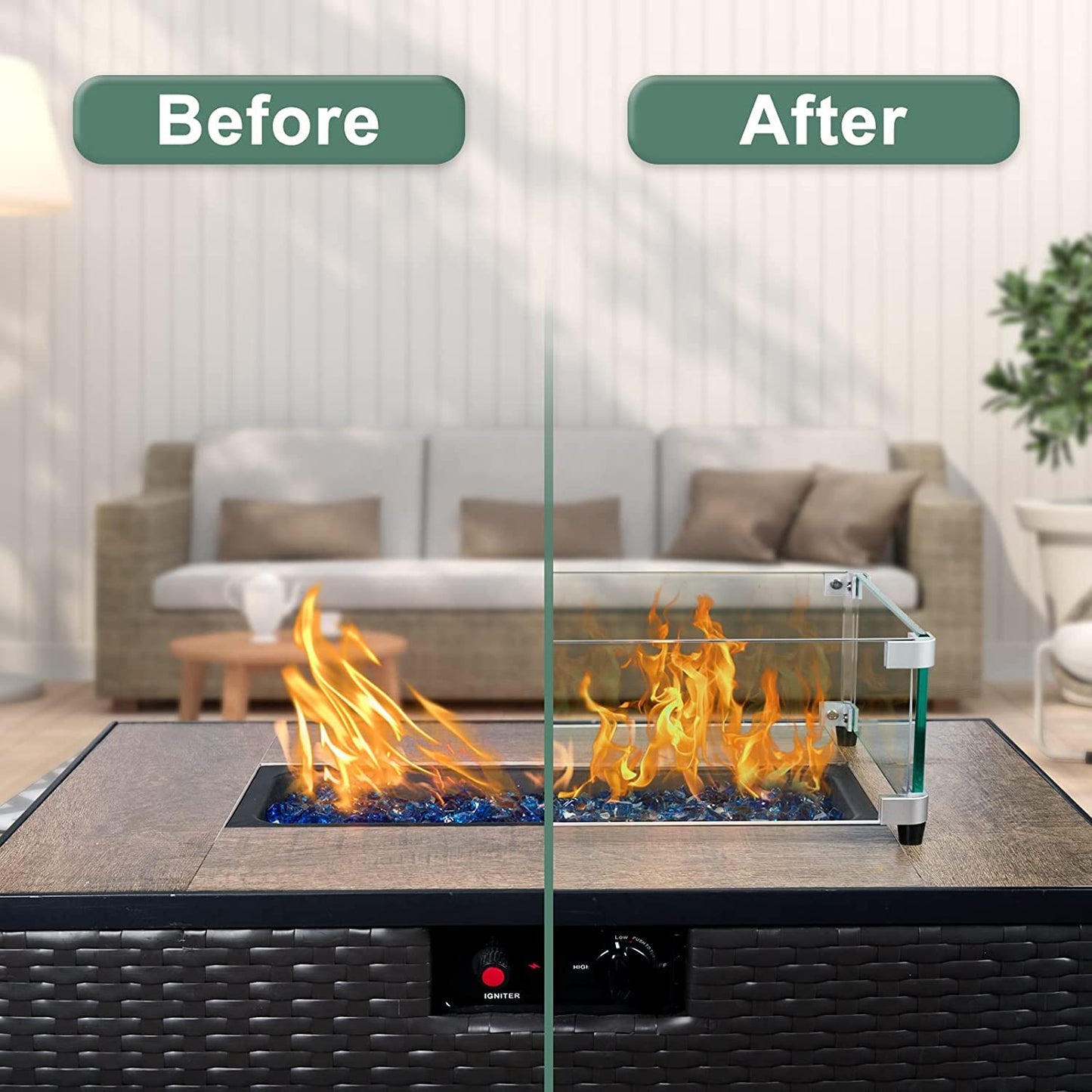 MESIDA 35.5"x15.5"x6" Fire Pit Glass Wind Guard, Tempered Glass Firepit Table Shield, Thick and Sturdy, with Hard Aluminum Corner Bracket