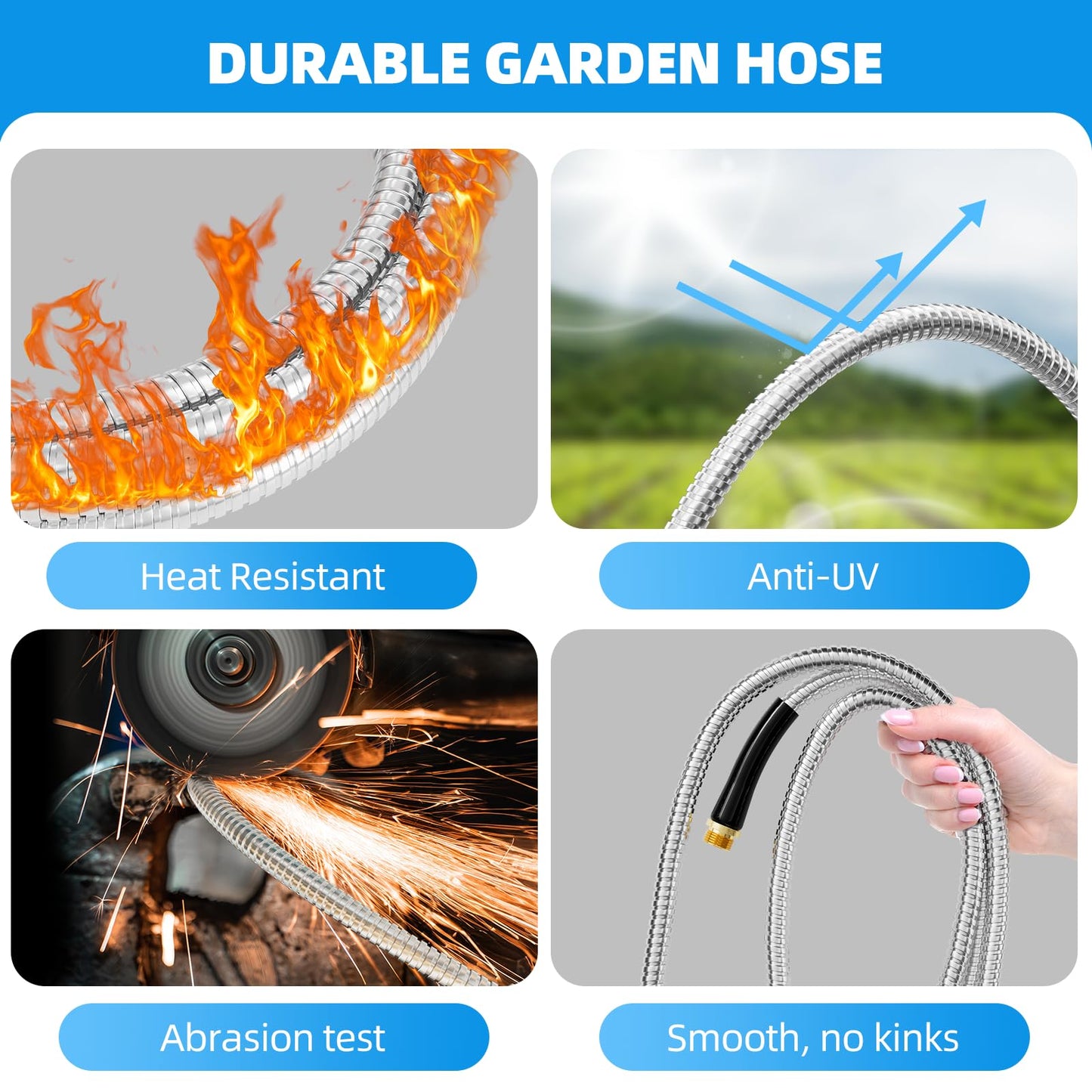 SPECILITE Stainless Steel Garden Water Hose 50 FT, Flexible and Lightweight Pipe, Non-Expandable Heavy Duty Metal Waterhose with Brass Fittings for Reel, Yard, Outdoor, Boat