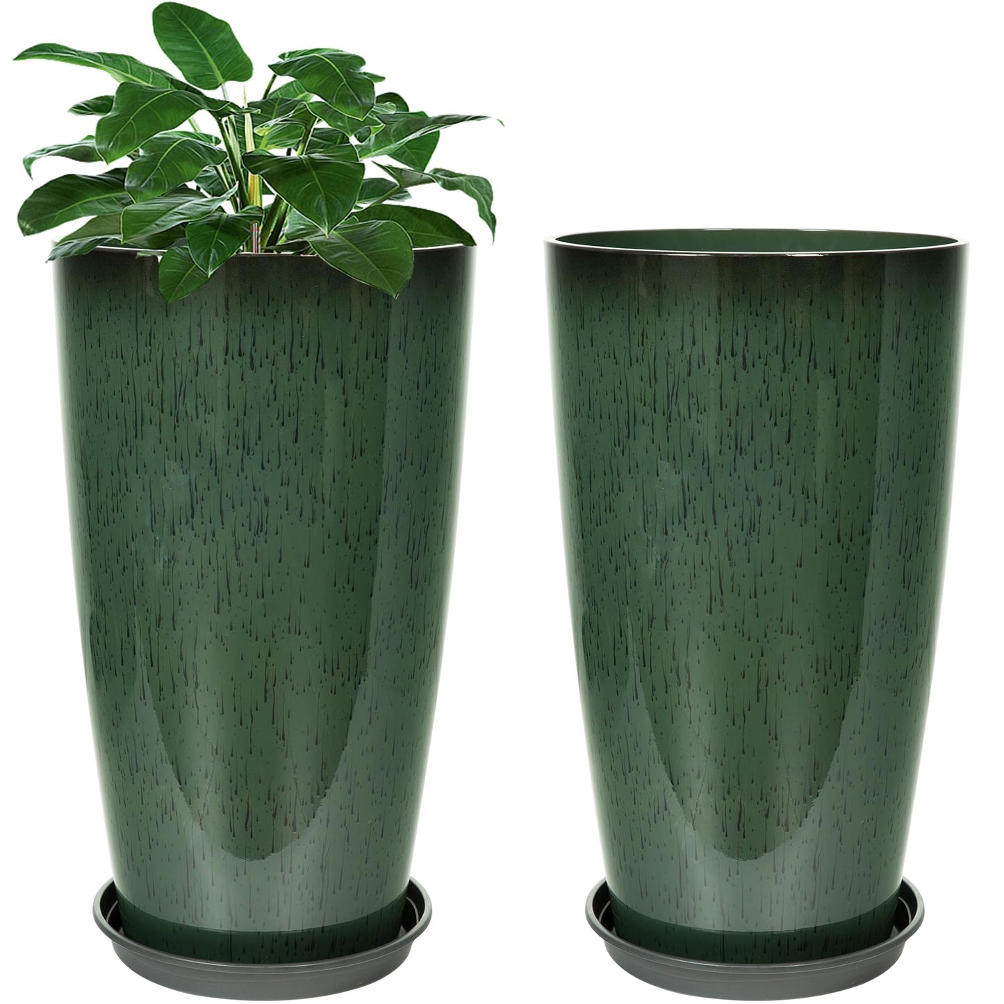 Neoaider Set of 2 Lightweight Ceramic-Look Tall Planter, 21 inch Large Plastic Planter with Drain Hole & Saucers, Large Outdoor Planters for Porch, Garden, Patio, Balcony(Dark Green)