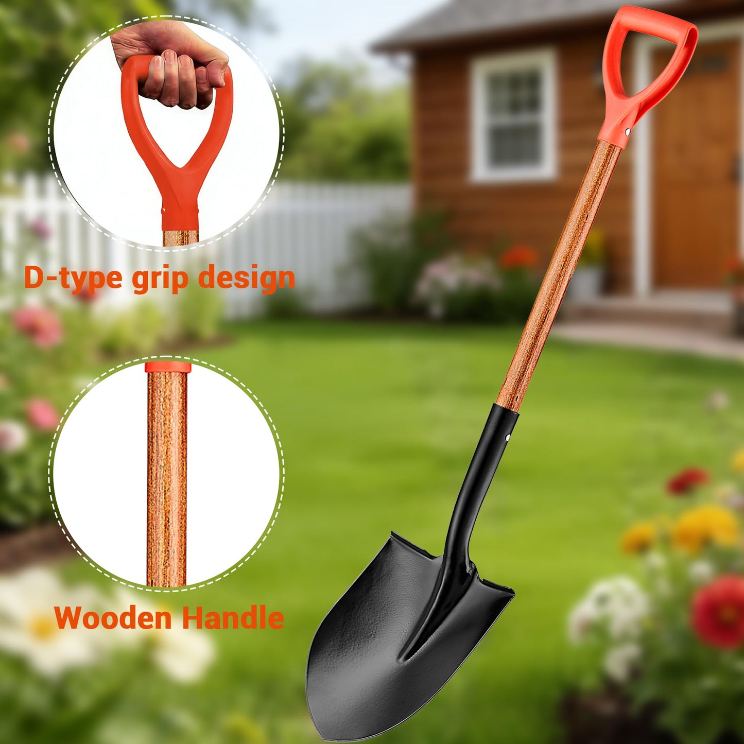 LA ZINNIA 41" Round Shovel, Garden Tool with D-Handle, Shovel for Digging, Wooden Handel Garden Shovel,Beach Shovel, Car Snow Shovel