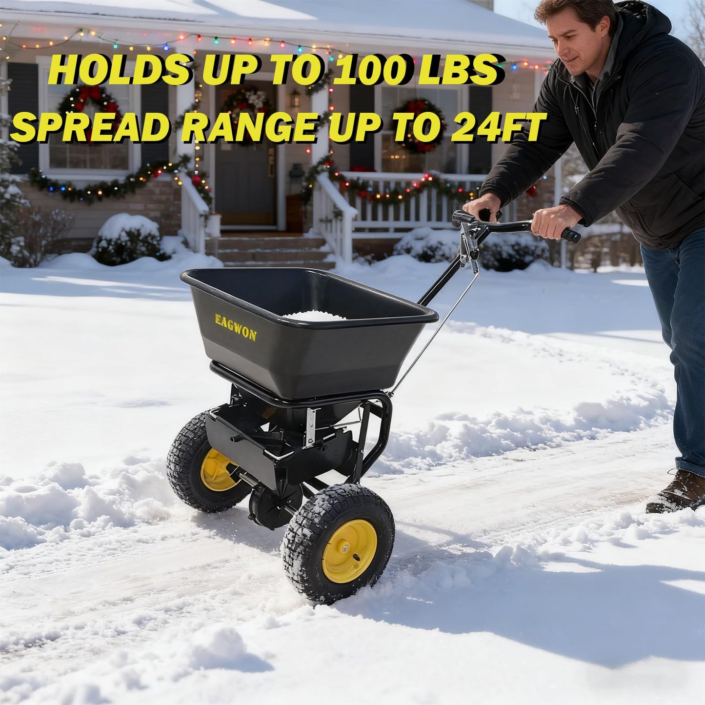 EAGWON Salt Spreader, Walk-Behind Push Broadcast Spreader - Commercial All Season, 100lb Capacity, 13in All-Terrain Pneumatic Tires, Grate/Cover/Enclosed Gearbox, for Seed/Fertilizer/Salt/Snow Melt