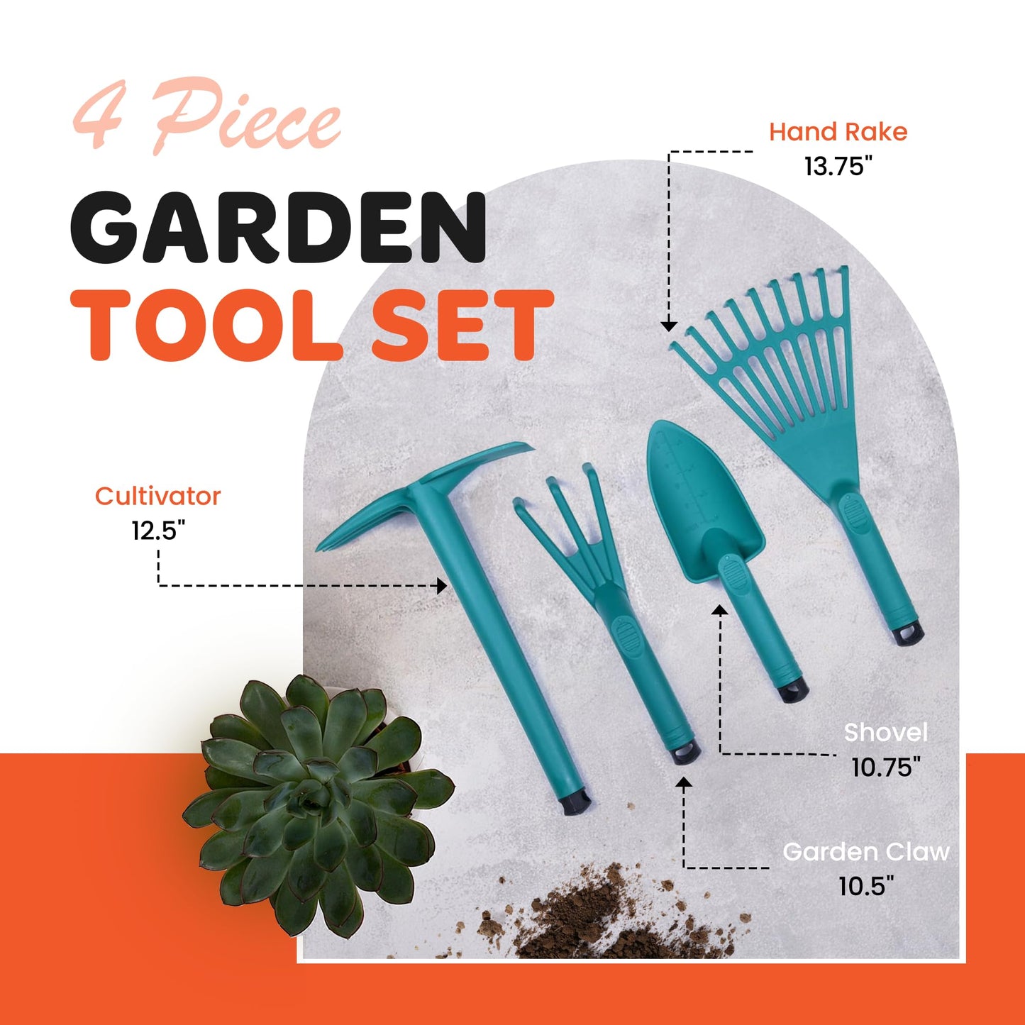 Mintra Garden Tool Set, 4 Piece Heavy Duty Gardening Tools Including Cultivator, Trowel, Shovel & Rake, Durable Poly Material & Non-Slip Handle, Garden Hand Tools Set for Gardening Gift, Lime Green