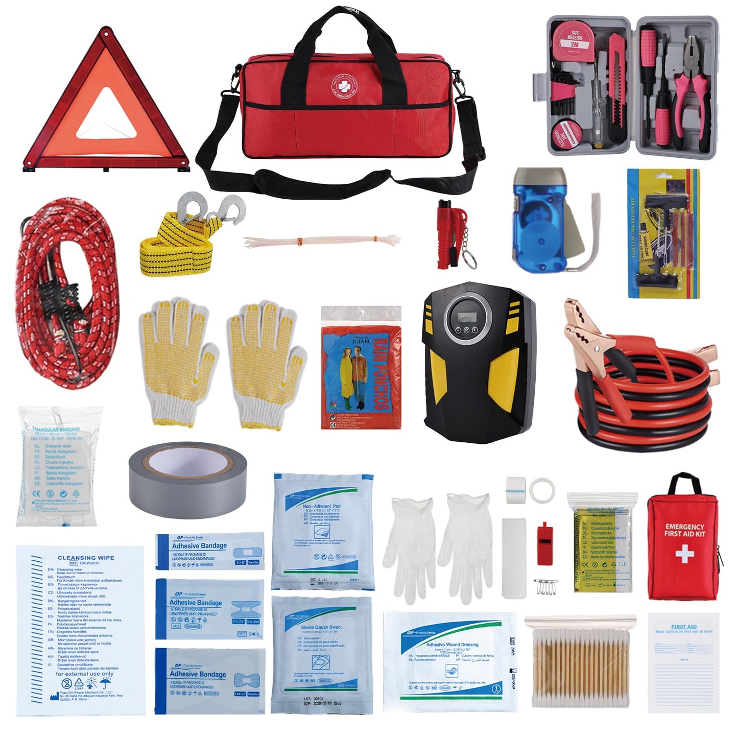 All-in-One Car Emergency Kit with Digital Tire Inflator, Jumper Cable, Tow Strap, Reflective Triangle, First Aid Kit, Hand Crank Flashlight, and Repair Tools for Roadside Safety (Red)