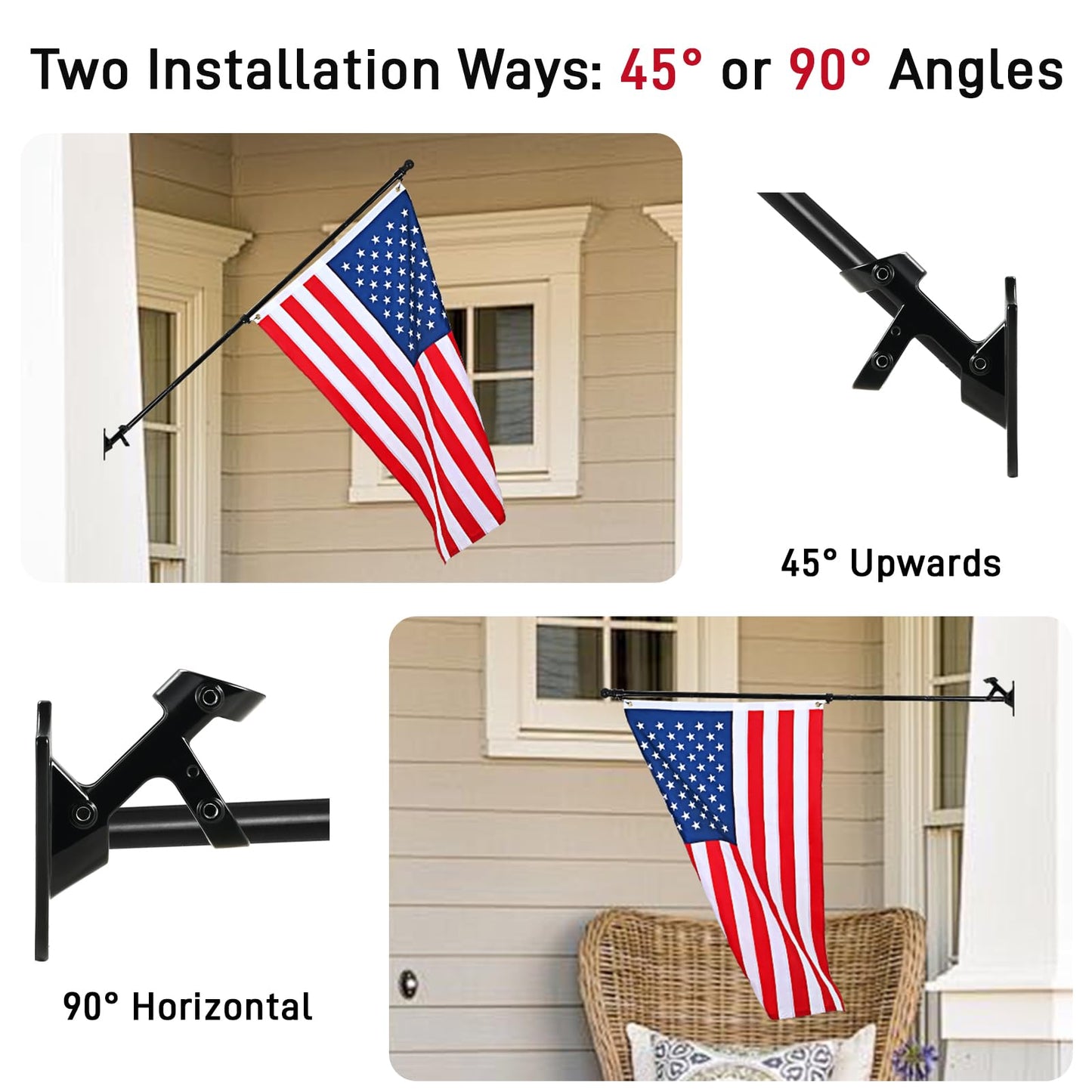 SEEKNEW Black Flag Pole for Outside House, 6 FT Stainless Steel No Tangle Spinning Residential Flagpoles & Two-Position Flag Pole Holder Brackets Mounting for USA Outdoor Flags for Porch(Without Flag)