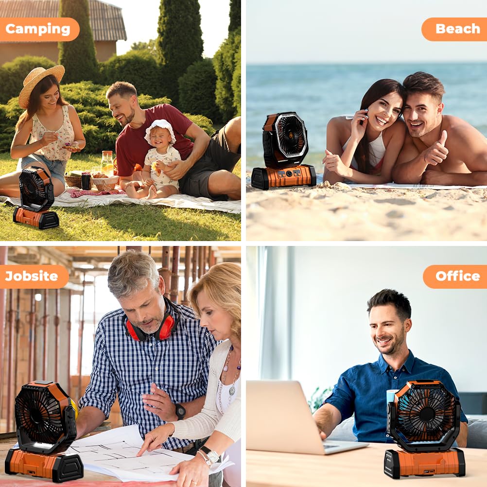 VOSFEEL Camping Fan - 20000mAh Battery Powered Fan Rechargeable with LED Lantern - Portable Outdoor Tent Fans with Hanging Hook 4 Speeds Wind Remote Control, Black and Orange