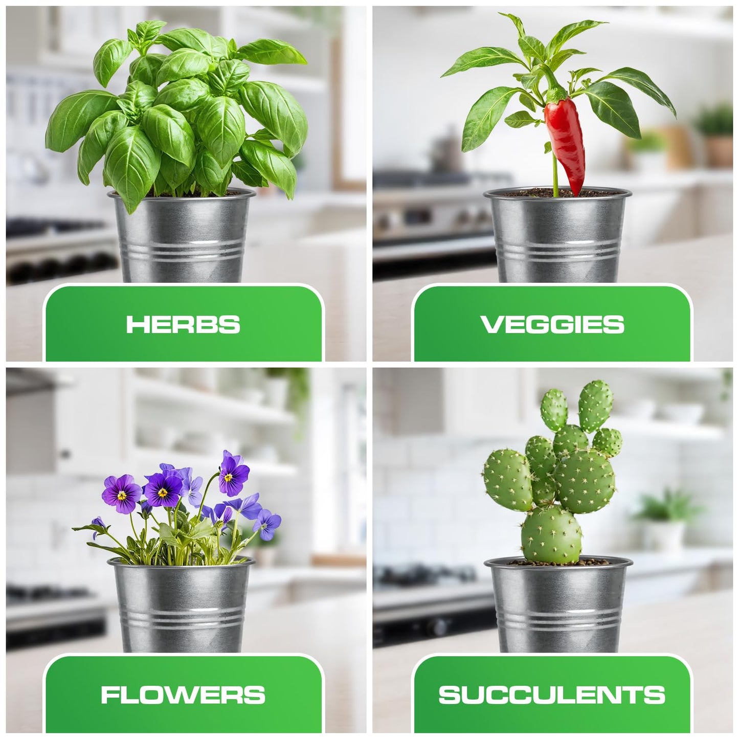 Plexon Herb Planter Indoor Garden Set of 3 with Tray, Metal Herb Pots for Indoor Plants, Round Kitchen Garden Kit Ideal for Windowsill Planter or Countertop, Galvanized Steel