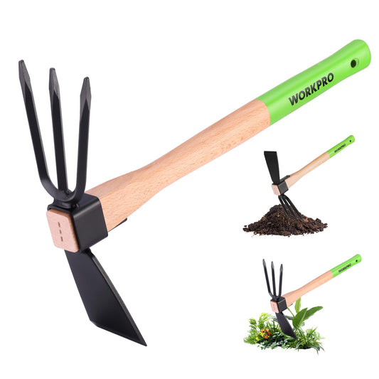 WORKPRO Hoe and Cultivator Garden Rake with 14" Wooden Handle, Sharp Hoe Blade & Sturdy 3 Claw Tiller, 2-in-1 Heavy Duty Gardening Hand Tools for Digging, Loosening Soil, Weeding, Cultivating