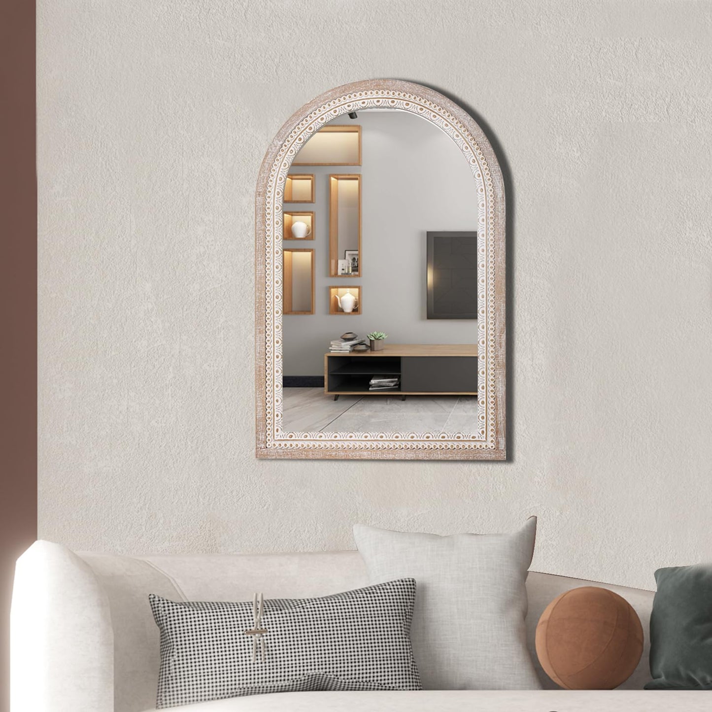 36x24 Inch Rustic Farmhouse Arched Wall Mirror, Boho Distressed Wooden Frame Decorative Arch Mirror for Bathroom Over Sink, Living Room, Entryway, Foyer
