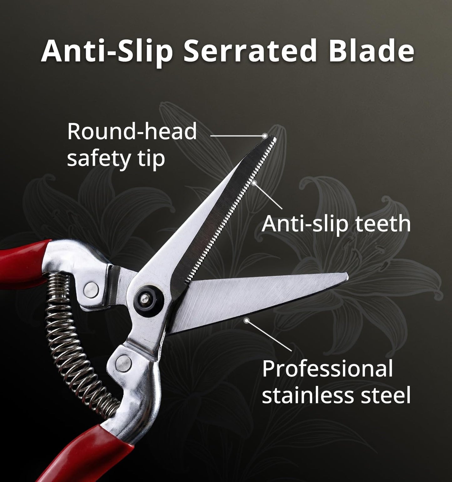 Gardeness Stainless Steel Pruning Snips with Serrated Blade, Adjustable Joint Screw Micro-Tip Garden Scissors for Harvesting Herbs, Fruit, and Floral Arranging, Corrosion-Resistant & Made in Taiwan