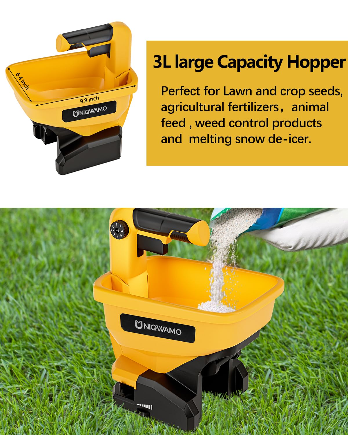 Uniqwamo Handheld Power Spreader Compatible for Dewalt 20V/60V Li-ion Battery, Available Year-Round, Grass Seeds, Rock Salt (Battery not Included)