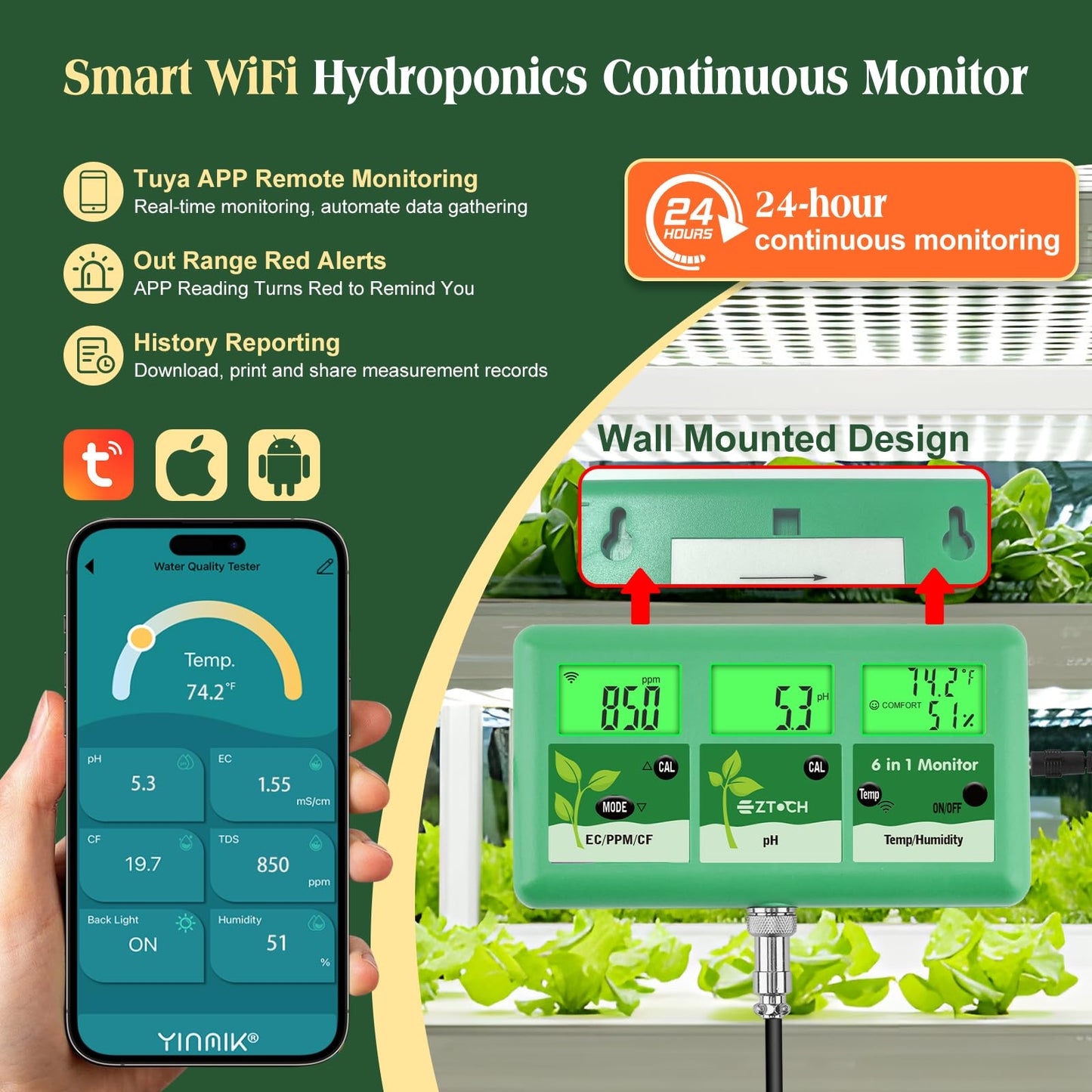 EZTOCH pH EC Continuous Monitor for Hydroponic, 6 in 1 WiFi EC PPM CF pH Meter, Digital pH TDS Temp Humidity Conductivity Monitor for DWC Hydroponic System, Aeroponic Gardening, Aquaponic