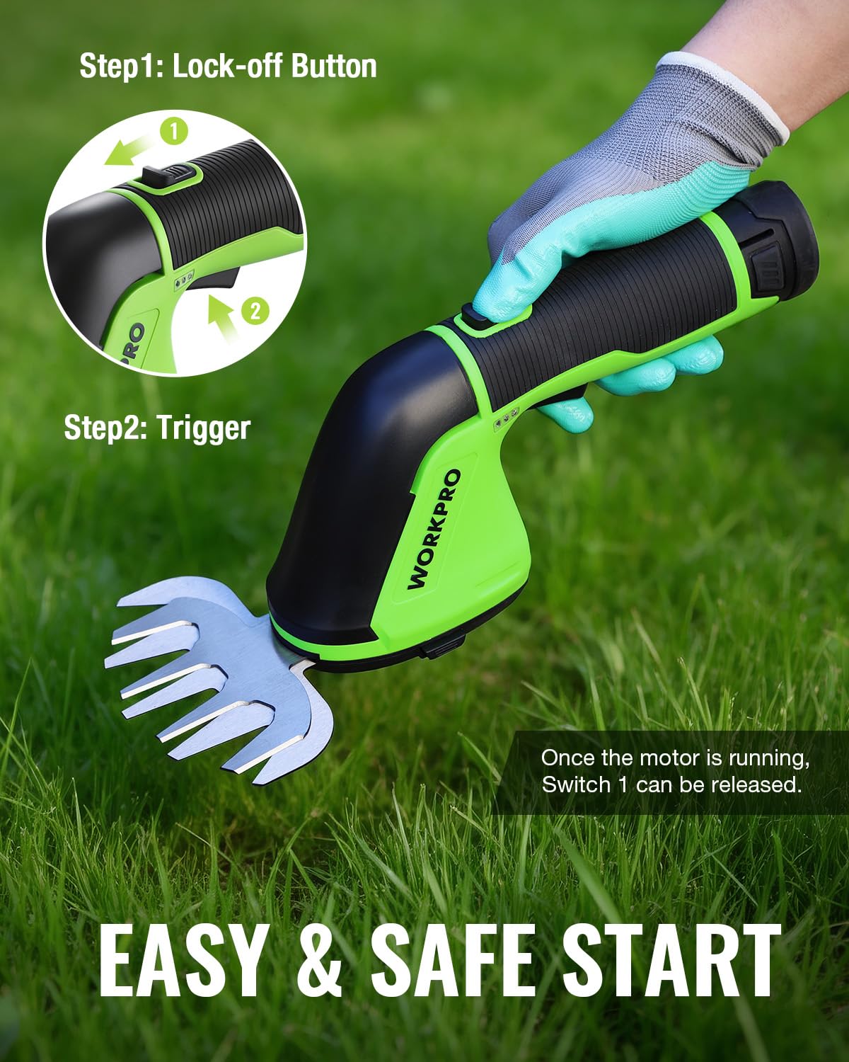 WORKPRO 12V Cordless Grass Shear, 2-in-1 Electric Hedge Trimmer & Grass Cutter, with 2.0Ah Rechargeable Battery, 1-Hour Fast Charger, Lightweight Handheld Bush Trimmer for Lawn and Garden