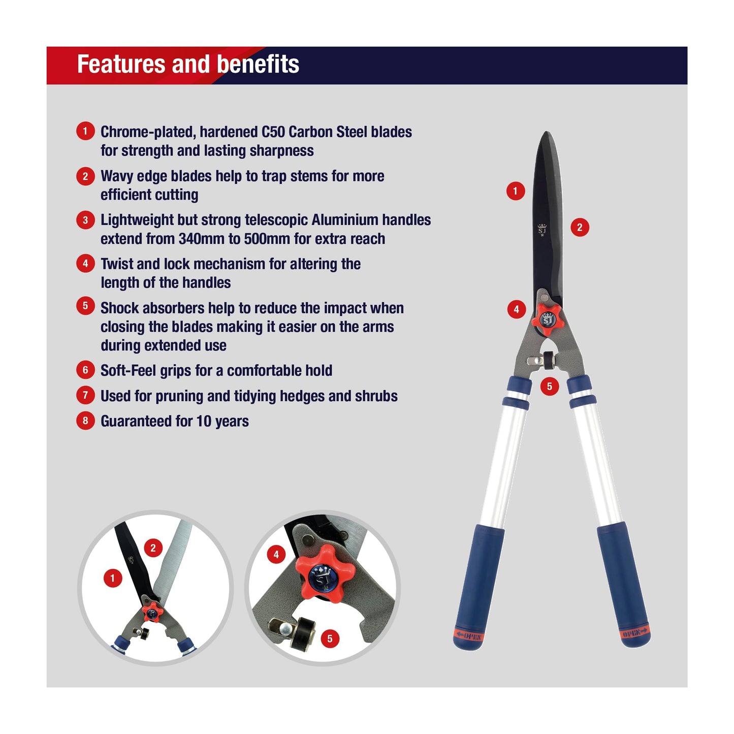 Spear & Jackson Razorsharp Telescopic Hedge Shears, Adjustable Length, Carbon Steel Blades, Ergonomic Handles for Comfortable Pruning