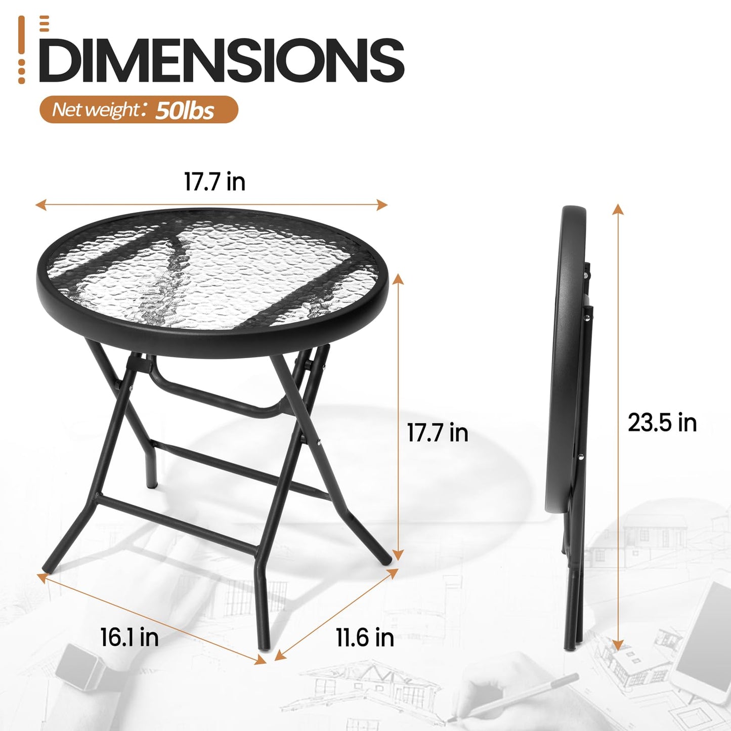 PATIOHIT Foldable Side Table with Tempered Glass Top 18" Outdoor Folding Side Tables Small Glass Patio Table for Porch Yard Balcony Deck Lawn Dining Garden (Black)