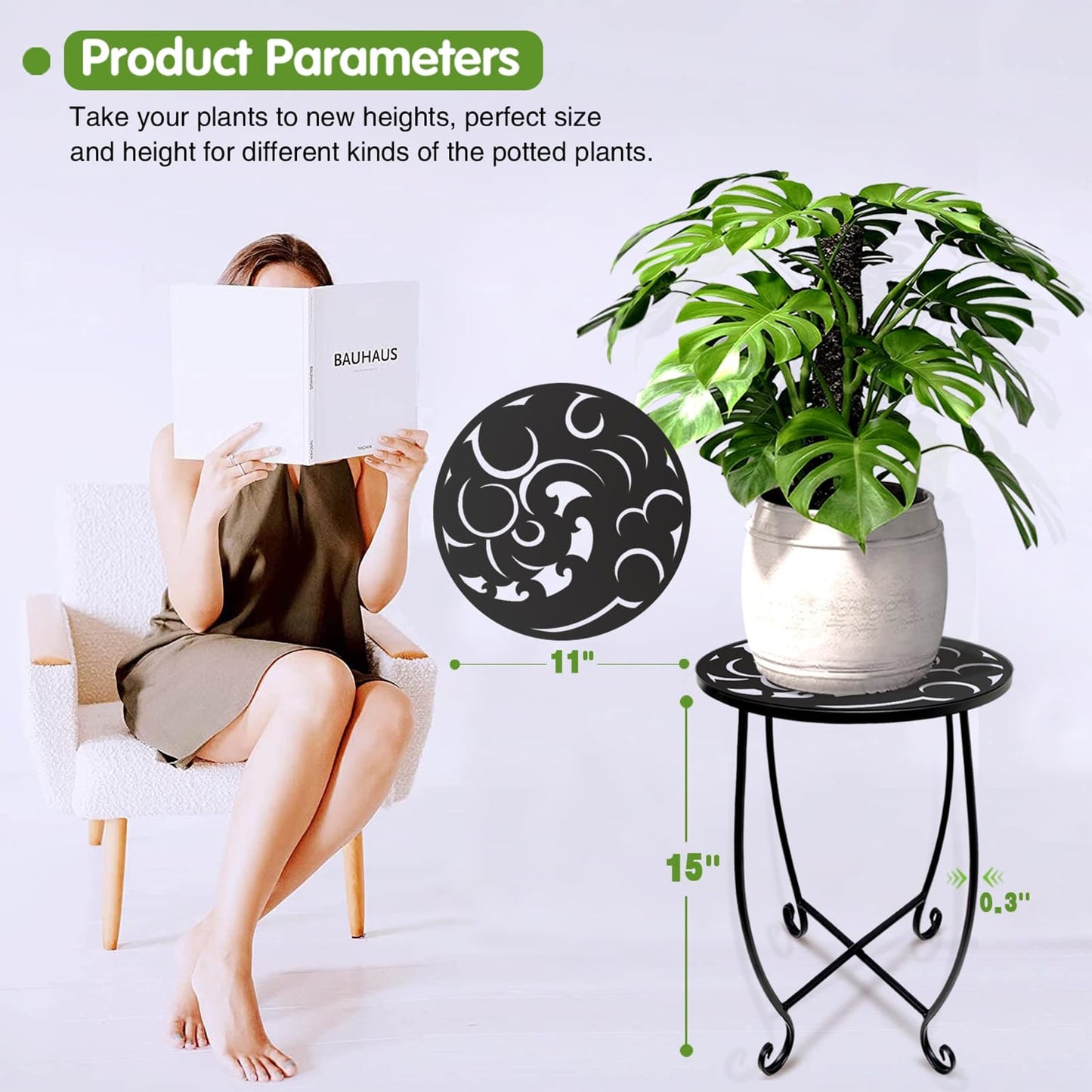 Kaesithar 15 Inch Tall Metal Plant Stand Indoor Outdoor, Round Side Table with Swirl Pattern, Rust Resistant Iron Flower Pot Holder for Patio Garden Porch Living Room