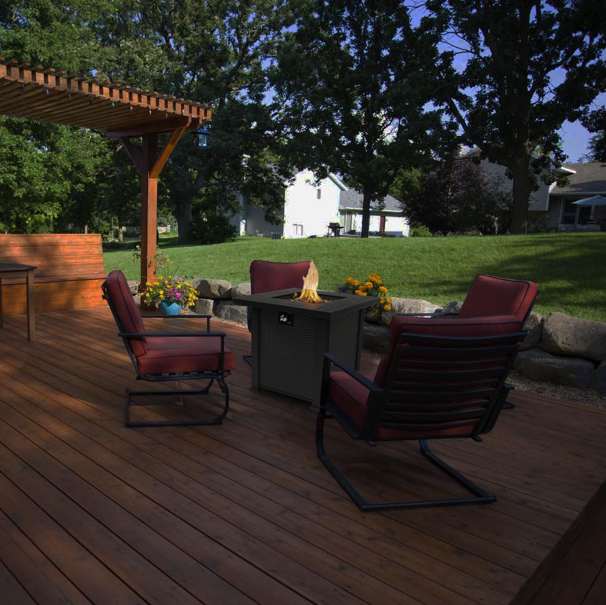 AJ Enjoy 28'' Propane Fire Pit Table, 50,000 BTU Fire Table with Steel Lid, Big Legs, Laval Rocks.