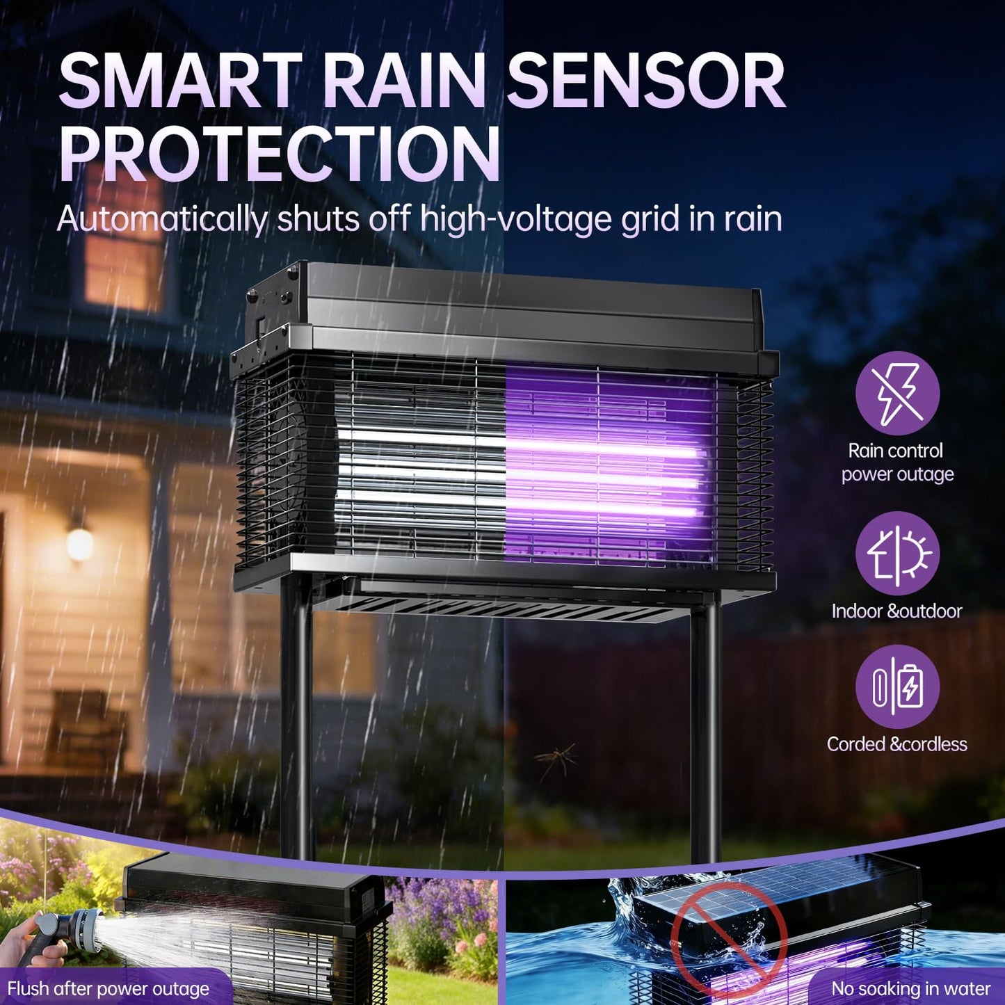 Spansol Solar Bug Zapper Outdoor, Purple UV Mosquito Zapper with Smart Rain Off Rechargeable Mosquito Killer Lamp, Wireless Solar Powered Fly Trap for Yard Patio RV Camping (Black)