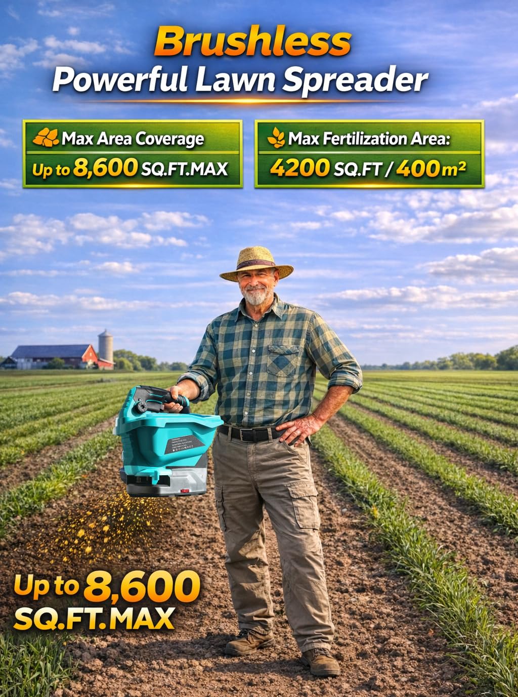 Fertilizer Spreader - 3.5Qt Electric Handheld Grass Seed Spreaders for Lawns with 21V 2x2Ah Batteries, Brushless Motor, 6 Speed & 8 Size Adjustable 125° Spread Angle, 16ft Spread Width, 8600 Sq.ft