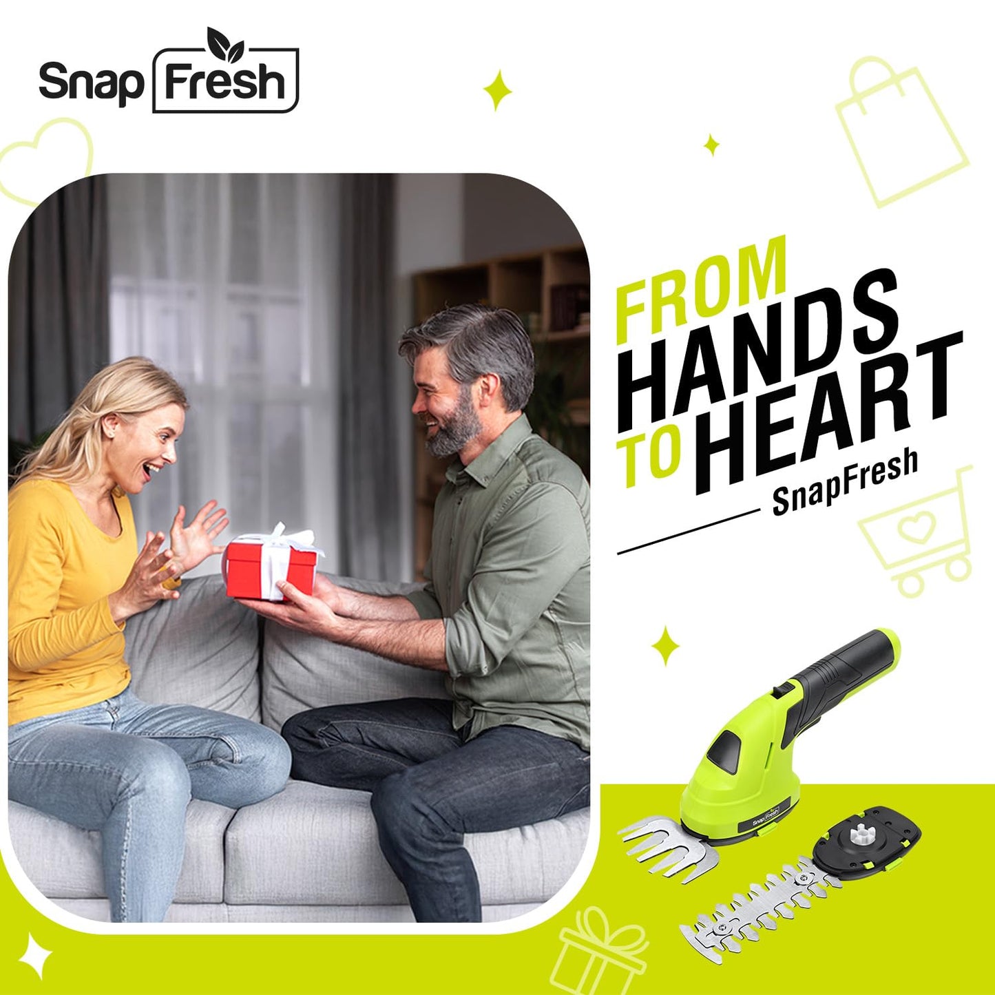SnapFresh Cordless Grass Shears & Hedge Trimmer, 2-in-1 Handheld Electric Lightweight Hedge & Shrub Trimmer with Battery for Garden Yard Lawn, 2.0Ah Battery & USB-C Charging Cable Included