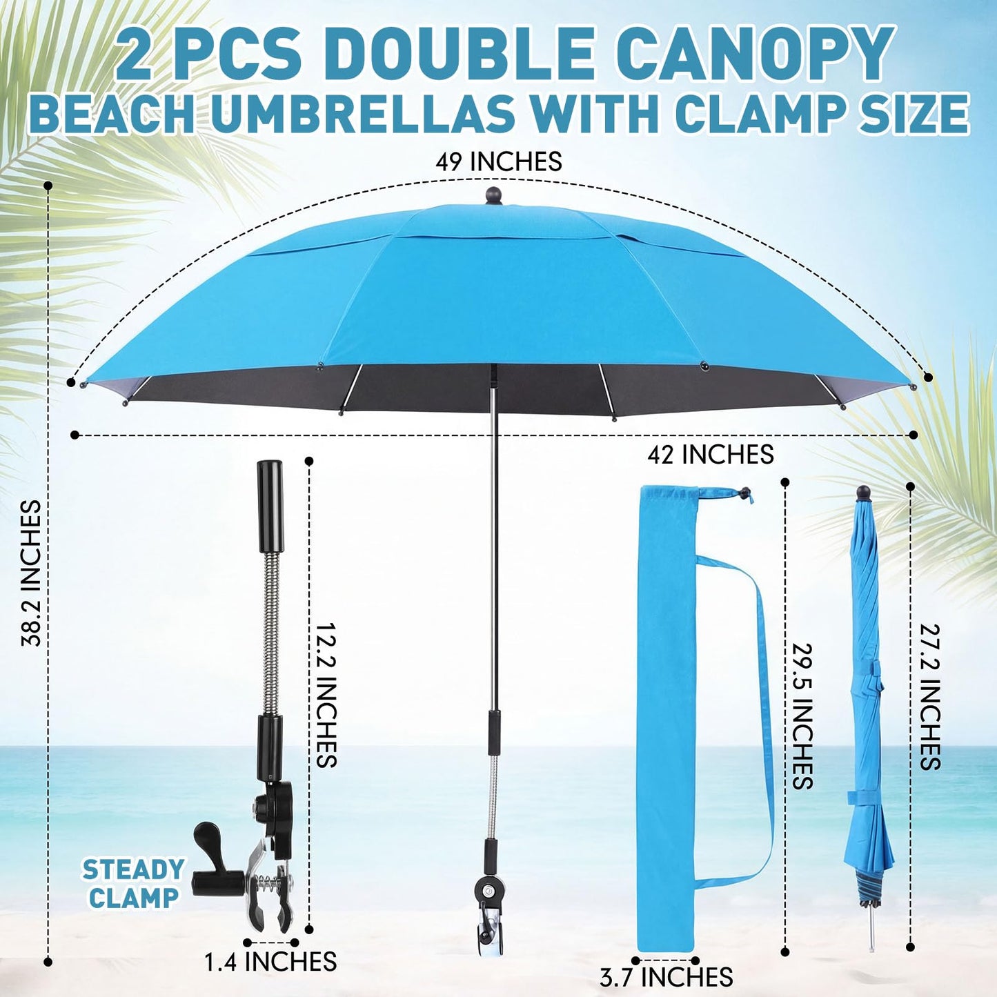 Nuanchu 2 Pcs 49" Double Canopy Beach Umbrellas with Clamp Upf50+ Beach Chair Umbrella with Clip 360 ° Adjustable Portable Outdoor Wheelchair Patio Golf Carts Camping Stroller Fishing(Sky Blue)