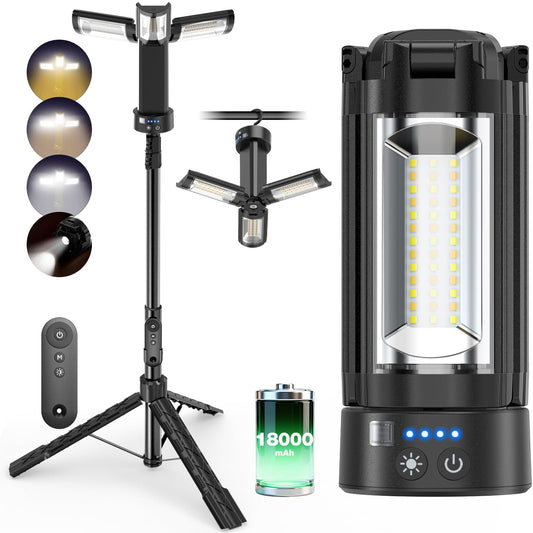 OGERY Camping Lights with Remote, 18000mAh Rechargeable Camping Lantern & LED Work Light, Detachable Tripod Stand up to 6.7 ft, 3 Lamp Heads for Camping Essentials & Emergency, Black