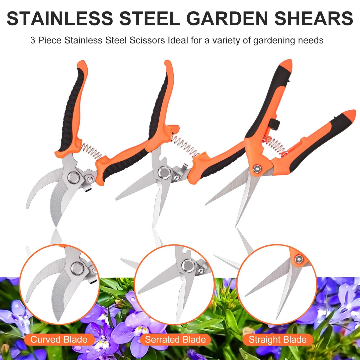 ACHRWFQ 3 Pcs Garden Shears, Stainless Steel Gardening Scissors, Pruning Shears for Gardening, Pruning Scissors for Flowers Fruit Tree