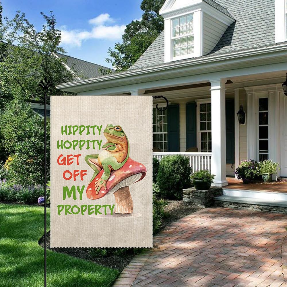 Hafhue Hippity Hoppity Get Off My Property Welcome Garden Flag, Funny Frog Outdoor Farmhouse Decoration 12x18 Inch Waterproof Double Sided Printing, No Trespassing Sign for Bedroom Yard Garage Bar