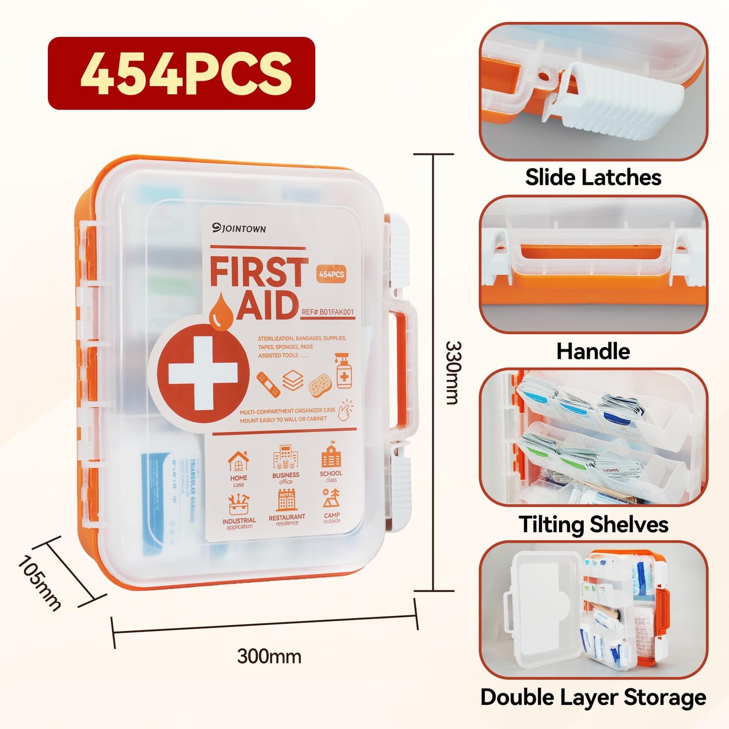 Jointown First Aid Kit, 454 Pieces All-Purpose, Home & Office Professional Medical Supplies, Ideal for Emergency, School, Business, Survival, Camping, Hunting and Sports