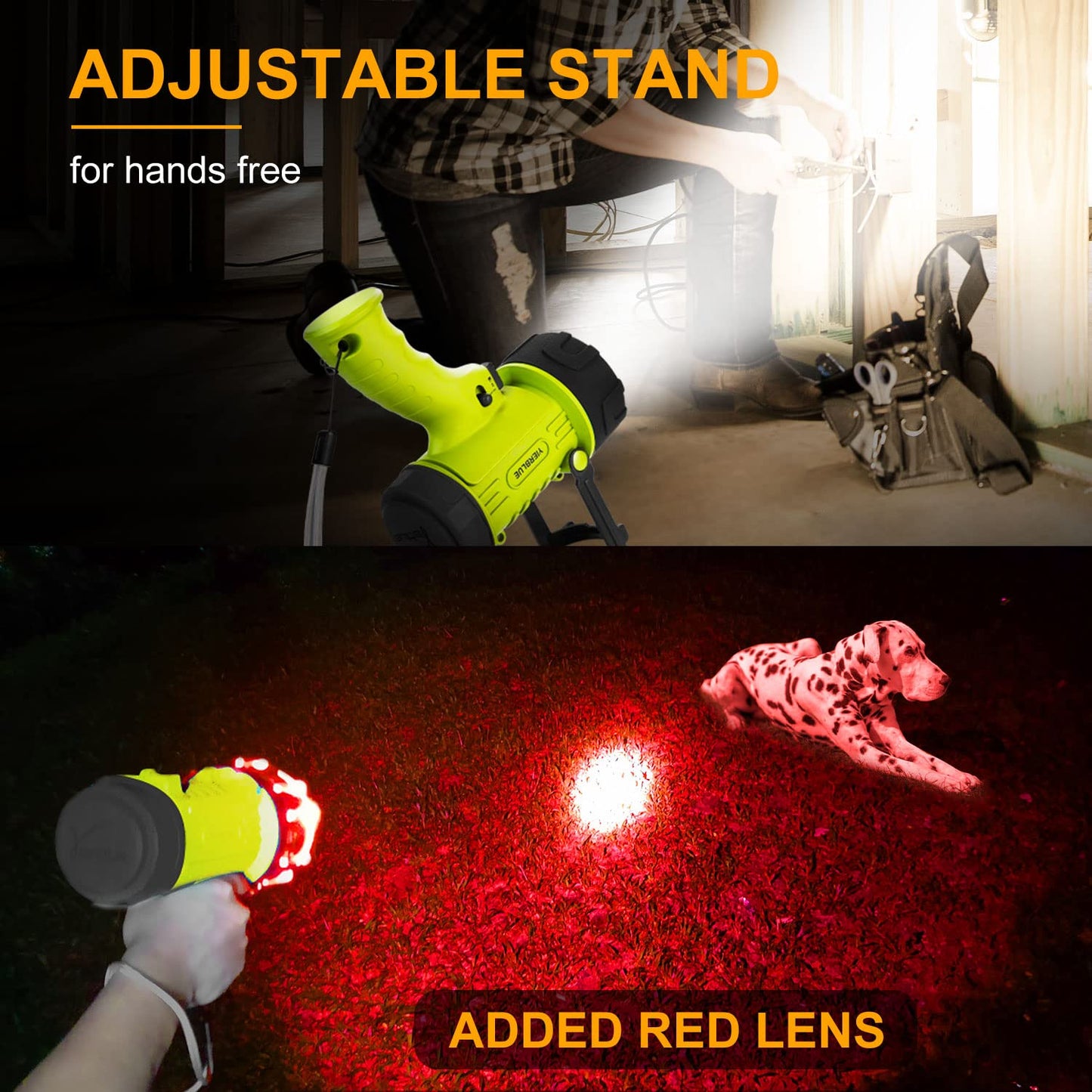 YIERBLUE Rechargeable Spotlight Flashlight with 2000,000 High Lumen LED, IP67 Waterproof Long Running Spot Light searchlight, Impact Resistant Handheld Spotlight with Foldable Stand and Red Lens